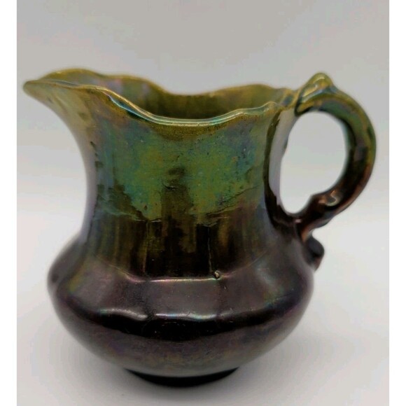 Stoneware Art Pottery Pitcher Drip Green Brown Iredescent Creamer Jug Ceramic - Picture 1 of 11